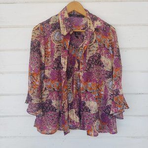 Blouse Purple and Orange Boho Button Up Size Medium